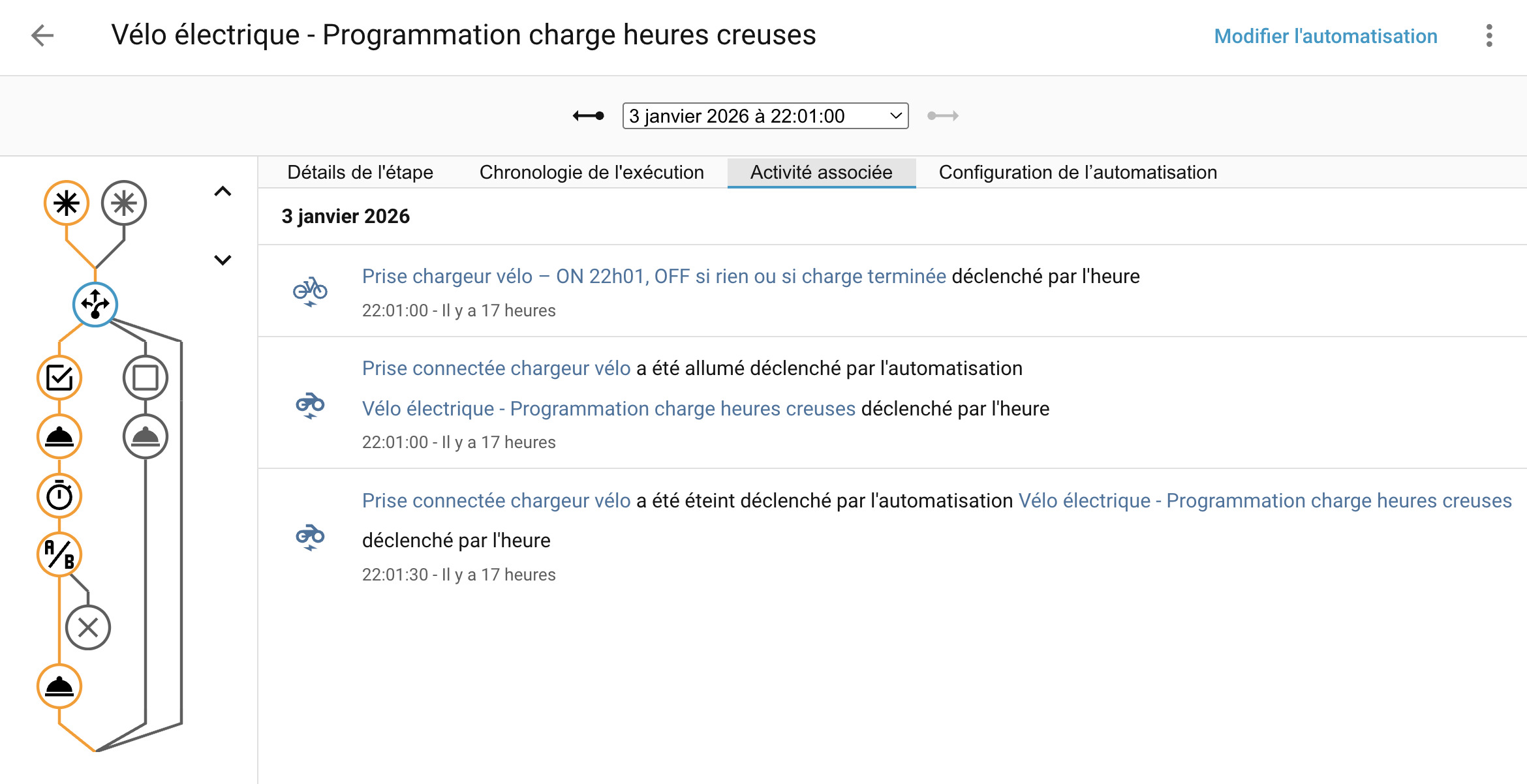 Trace d'exécution du 3 janvier 2026 : démarrage à 22:01, extinction automatique à 22:01:30