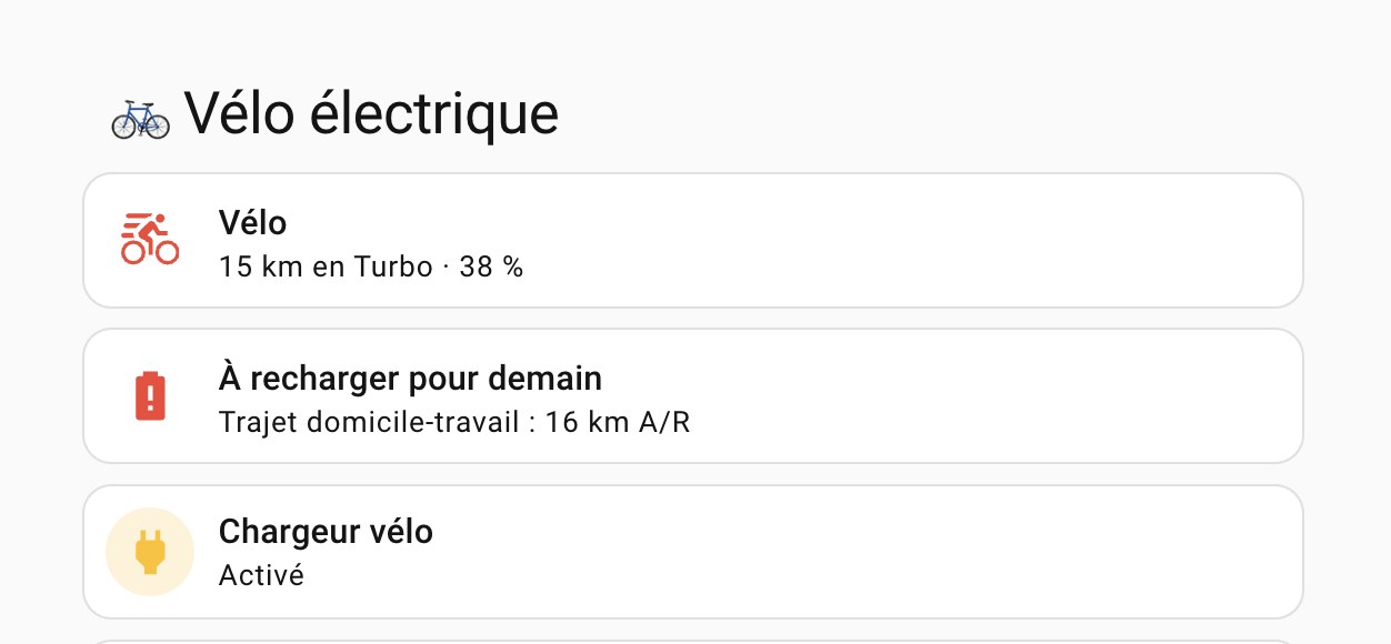 Tableau de bord Home Assistant, section Vélo électrique : 15 km en Turbo et 38 %, alerte À recharger pour demain pour un trajet domicile-travail de 16 km aller-retour, prise du chargeur activée
