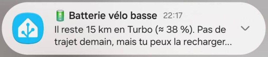 Notification Home Assistant sur Android : Batterie vélo basse, il reste 15 km en Turbo (environ 38 %), pas de trajet demain mais recharge possible ce week-end