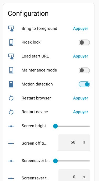 Panneau Configuration de Fully Kiosk Browser : Motion detection activé, Screen off timer à 60 secondes, Kiosk lock désactivé