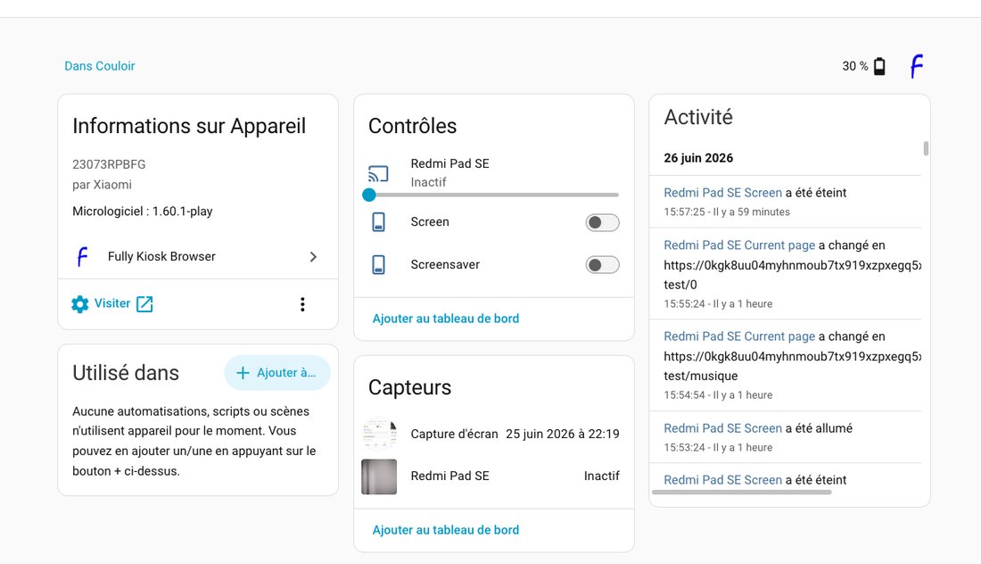 Fiche de l'appareil Fully Kiosk Browser dans Home Assistant : informations, contrôles Screen et Screensaver, capteurs et journal d'activité